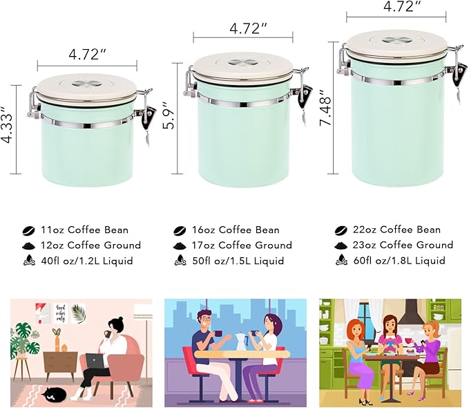 ShanSon Coffee Canister Airtight Coffee Container Stainless Steel Coffee Bean Storage Container with CO2 Release Valve and Scoop Coffee Canister for Beans,Grounds,Sugar,Flour,Tea,Cereal,22OZ,Green
