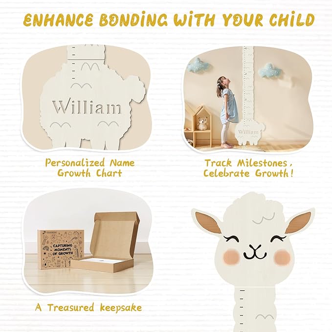 Personalized Name Height Chart for Kids, Alpaca Wood Growth Chart, Height Measuring for Children, Boy Girls Height Wall Chart Growth Measuring Ruler for Nursery Decor, Lightweight