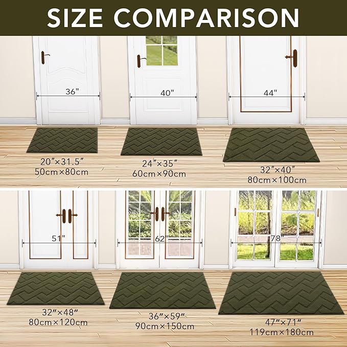 hicorfe Front Door Mat Outside Entrance,32"x40" Absorbent Muddy Dirt Resist Welcome Door Mats Outdoor Indoor,Stain and Fade Resistant,Non Slip Backing Entry Mat Doormat for Entryway(Oliver Green)