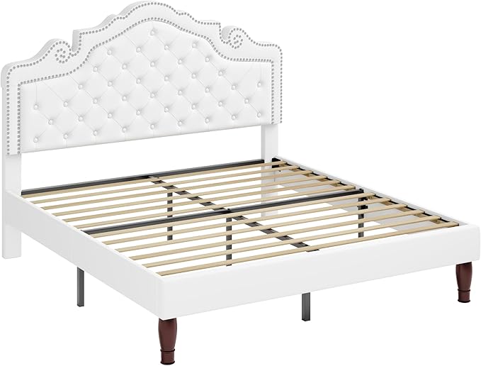 Allewie Full Size Bed Frame with Adjustable Velvet Tiara Headboard, Upholstered Diamond Button Tufted Platform Bed, Wood Slats Support, No Box Spring Needed, White