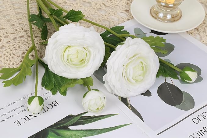 IPOPU 4PCS Real Touch White Ranunculus Artificial Flowers Faux Ranunculus Flowers for Vase Real Look Silk Peonies Fake Peony Flowers for Home Indoor Wedding Centerpieces for Table Decorations (White)