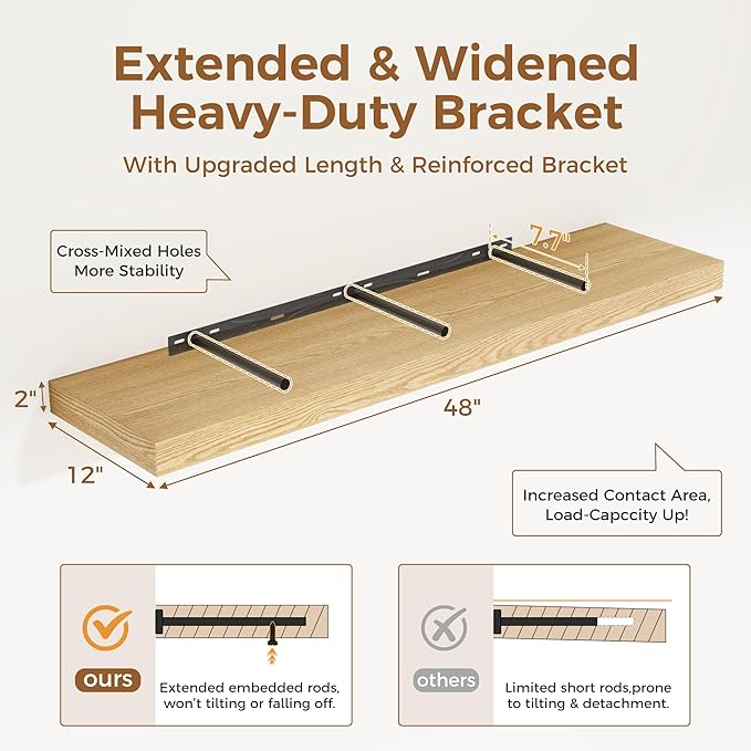 Floating Shelves 48 Inch Long, 12 Inch Deep Floating Shelves for Wall, 48 x 12 Large Wall Shelves for Home Storage & Display, 2" Thicked Floating Shelf for Bedroom, Living Room, Oak Color, 1 Pack