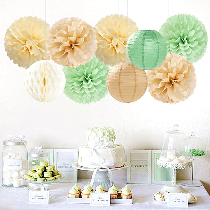 Sage Green-Boho Party-Decorations Paper-Flowers Lanterns - 15PCS Safari Rustic Neutral Baby Shower Tissue Pom Poms Streamers, Champagne Gold Birthday Wedding Graduation Hanging Supplies Decor Hugfond