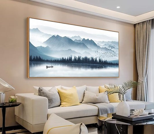 Indigo Framed Canvas Wall Art Misty Mountain Wall Pictures Foggy Lake Boat Canvas Painting Prints Forest Birds Canvas Wall Decor for Living Room Bedroom Decorations Natural Framed 24" x 48"