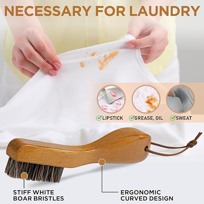 TAKAVU Stain Brush, Laundry Brush for Stain Removal, Natural Horse Hair Cleaning Brush with Ergonomic Handle, Suitable for Delicate Fabrics Without Damage, Perfect Laundry, Shoes, Boots, Home