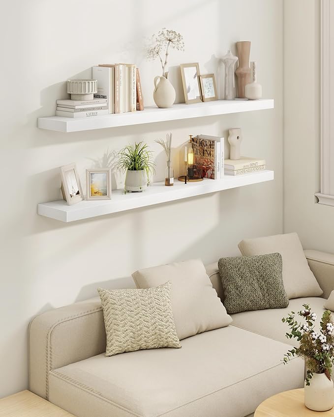 Marsmiles 31.5" Floating Shelves for Wall, Wooden Shelves with Invisible Brackets Set of 2, Rustic Farmhouse Wall Mounted Shelf for Kitchen Bathroom Living Room Study, White