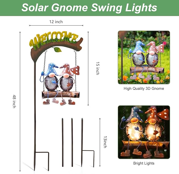 HONGLAND Gnome Garden Decor with Solar Lights, Funny Gnomes Swing Outdoor Decor, Gardening Gifts for Women Mom, Gnomes Yard Decorations with Welcome Sign for Lawn Porch Backyard Patio