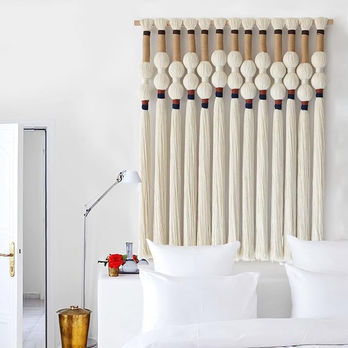 Macrame Wall Hanging Boho Wall Art Handmade Spherical Knot Design with Tassel Fringe, Boho Decor for Bedroom Living Room, for Home Decoration 27" W x 33" L