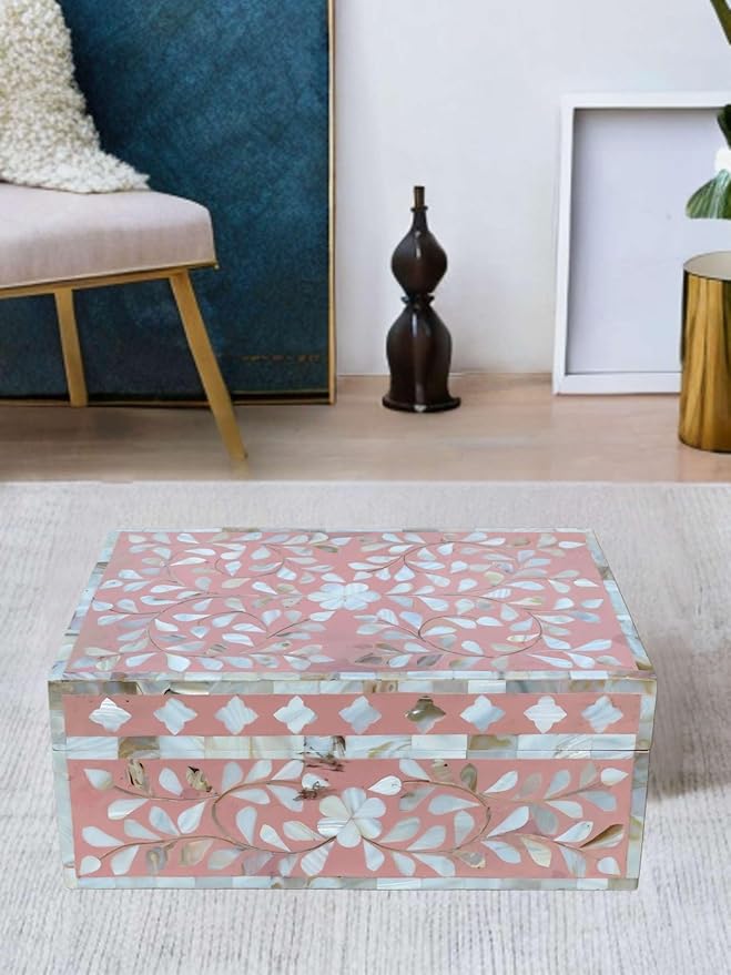Decorative Storage Box Of Mother Of Pearl Inlay Floral Design Wooden Storage Box For Home Decoration For Living Dining & Bedroom (Pink_12x8x5 inch)