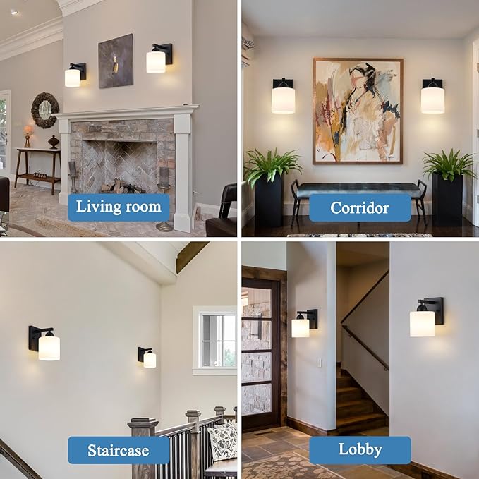 Matte Black Milk Glass Wall Sconces, 1 Pack Hardwired Indoor Wall Light Fixtures for Living Room, Hallway, Bedroom, Ceramic E26 Sockets (Bulbs Not Included)