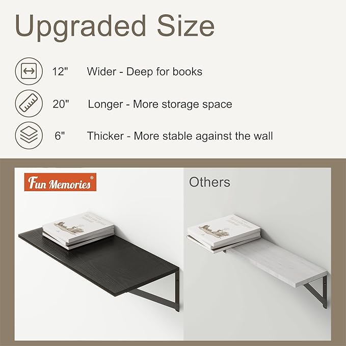 Fun Memories 20 Inch Floating Shelves for Wall, Black Bathroom Shelves Set of 2, 12 Inch Deep Wall Shelf for Bedroom, Kitchen, Large Home Decor Shelves Farmhouse Storage Shelf