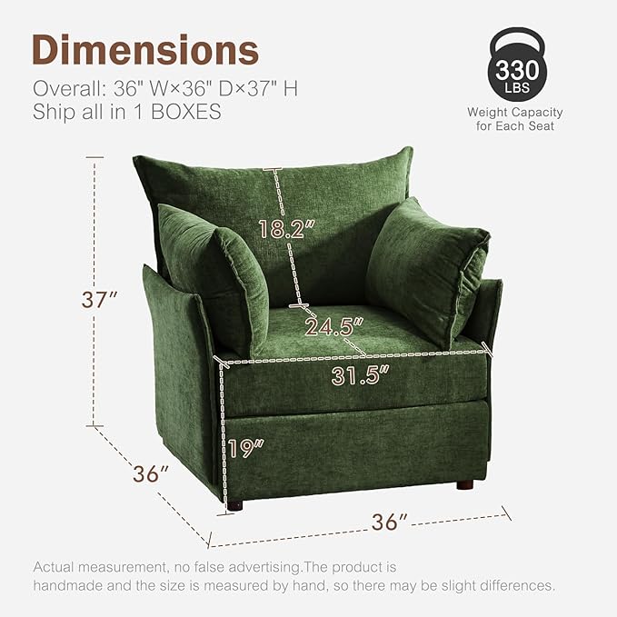 Oversized Accent Chair, Upholstered Modern Sofa Chair with Removable Backrest & Detachable Cover, 24.5" Deep Seat Large Reading Armchair for Living Room Bedroom Office - Chenille Green Set of 2