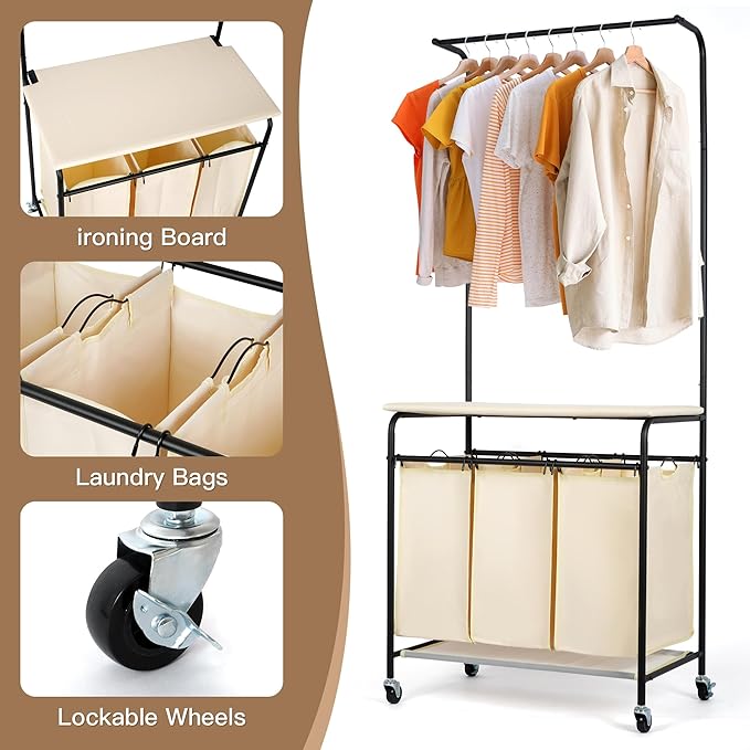 MYOYAY 3 Section Laundry Sorter with Garment Hanging Bar Rack Foldable Ironing Board, Laundry Basket Organizer Heavy Duty Laundry Hamper Rolling Cart with Lockable Wheels and 3 Removable Bags