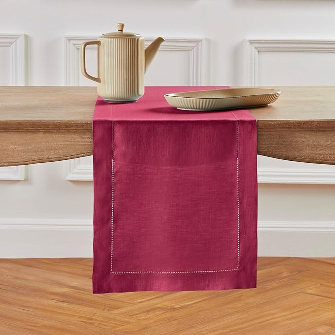 Solino Home Linen Beet Table Runner 90 Inches Long - 100% Pure Linen Hemstitch 14 x 90 Inch Table Runner for Dining, Fall, Autumn, Thanksgiving - Classic Hemstitch