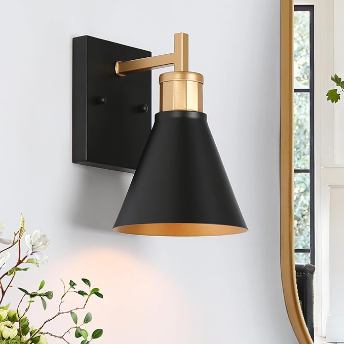 KSANA Black Gold Sconce, Modern Farmhouse Wall Sconces Lighting Fixture with Metal Shade for Bathroom, Kitchen, Bedroom and Stairway