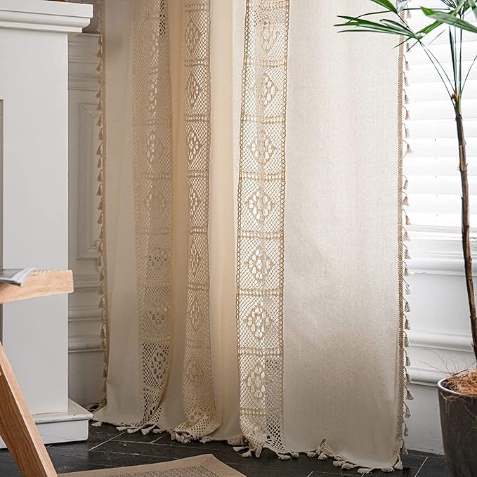 Sutuo Home Boho Curtain Crochet Lace Patchwork Semi-Blackout Bohemian Handmade Tassels, Rod Pocket Window Treatment Vintage Rustic Farmhouse Drapes for Bedroom, 1 Panel 59" W x 108" L, Beige