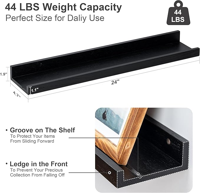 Floating Picture Ledge Shelves 24 Inch Solid Oak Wood Set of 2, Rustic Wall Storage Shelves with Lip, Kids Bookshelf, Photo & Picture Ledge Shelves for Bedroom, Living Room, Kitchen