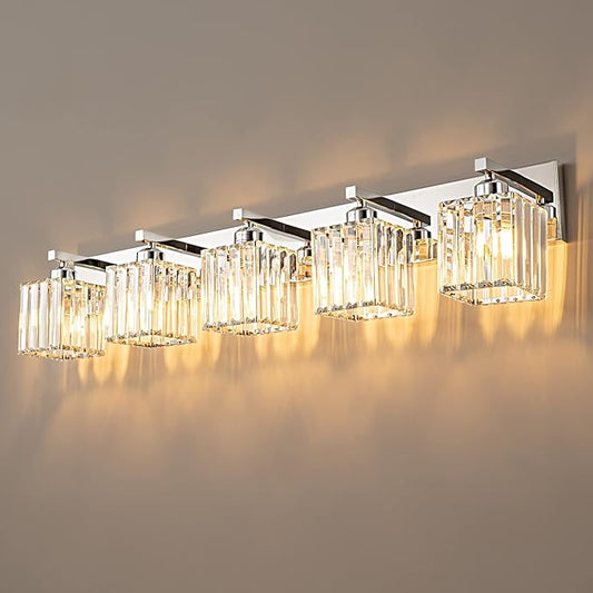 Modern Vanity Light 5-Lights Chrome Crystal Bathroom Wall Light Fixtures