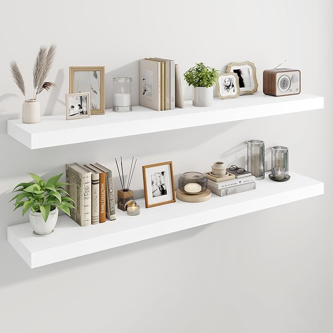 Marsmiles 55" Floating Shelves for Wall, Wooden Shelves with Invisible Brackets Set of 2, Rustic Farmhouse Wall Mounted Shelf for Kitchen Bathroom Living Room Study, White