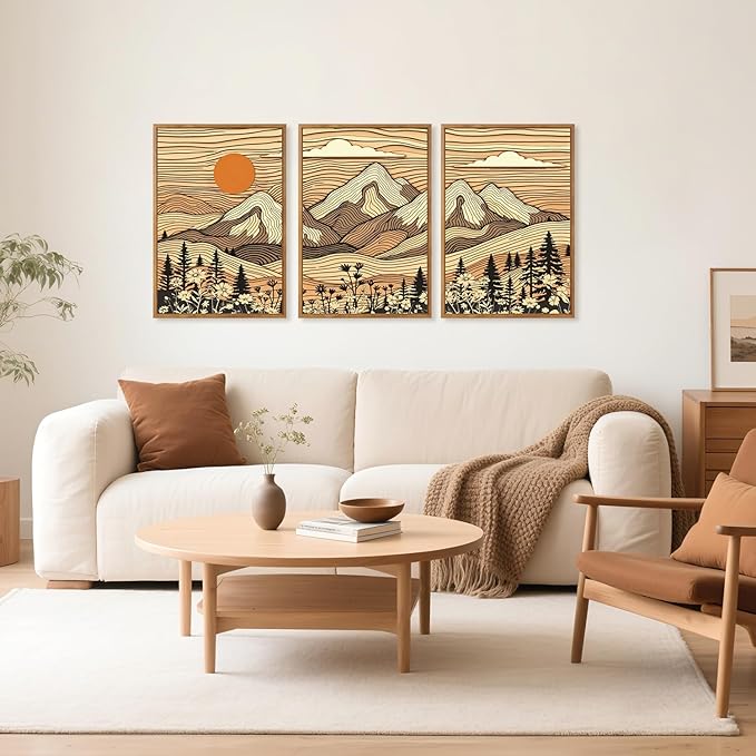 HPNIUB Mountain Framed Canvas Wall Art, Vintage Pine Tree Wall Decor, Country Wilderness Forest Wildflower Painting, Modern Nature Sun Art Prints for Living Room,Bedroom,Farmhouse- 16"x24"x3