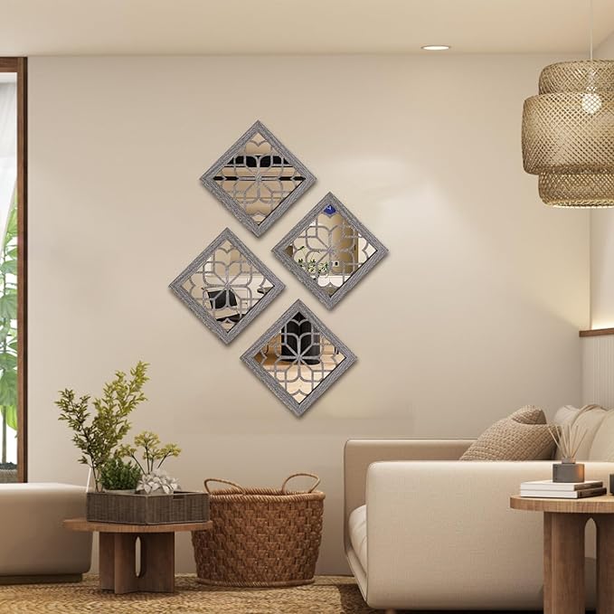 Boho Square Wall Mirrors Set of 2-12" x12'Decorative Mirrors for Wall Decor, BrownHandcrafted Mirror Panels Perfect for LivingRoom Bedroom Entryway Hallway (Brown)