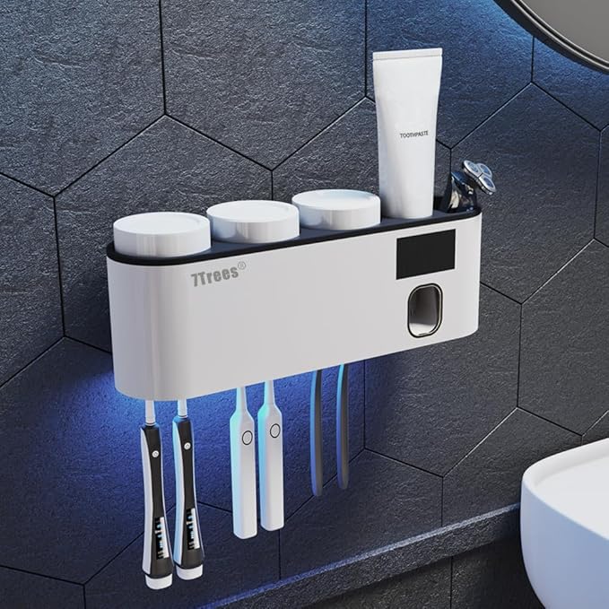 Toothbrush Cleaning Holder, Self Adhesive Toothbrush Holder with 3 Cups, Automatic Toothpaste Squeezer Dispenser Bathroom Accessories Set (White)