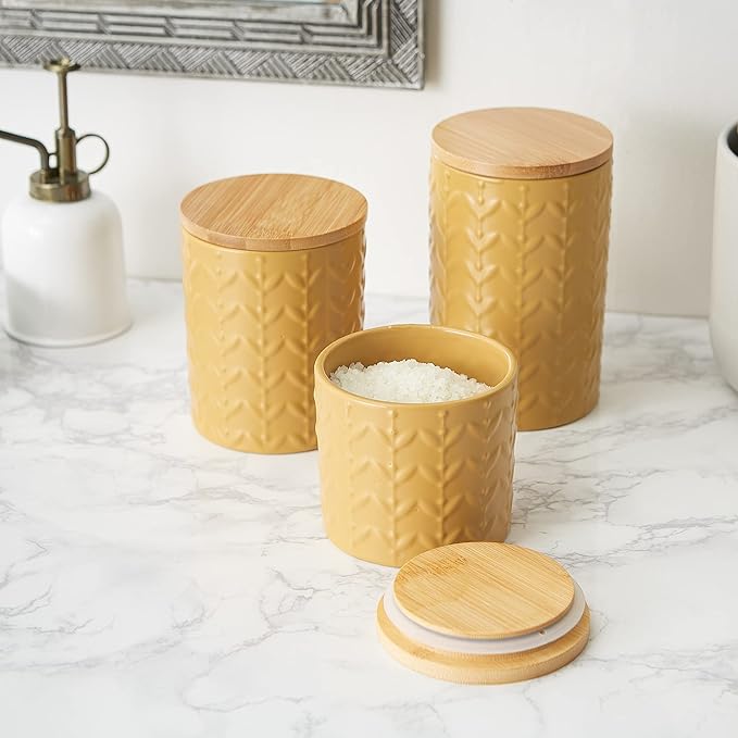 DII Kitchen Accessories Collection, Textured Matte Ceramic Canister Set, Honey Gold, Vine, 3 Piece