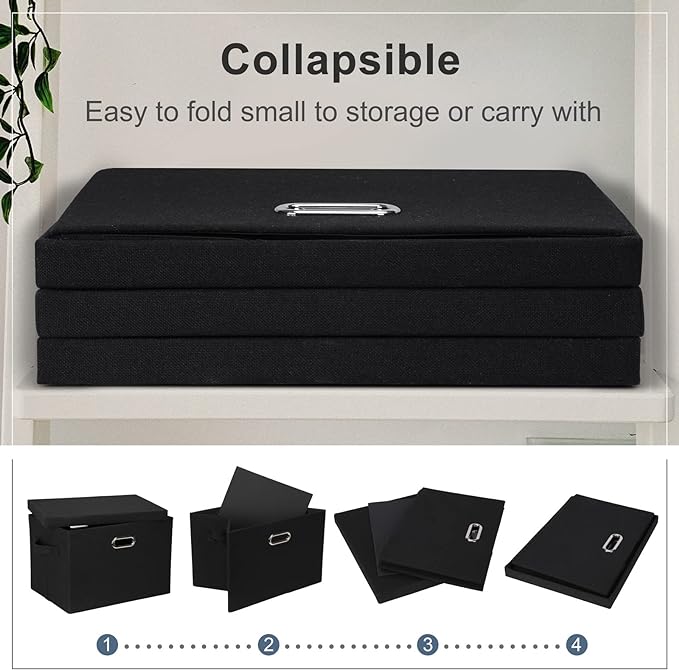 Large 17" 36 Quart Collapsible Stackable Storage Bins with Lids, 5 Packs Black Linen Fabric Closet Boxes with Lids, Storage Cube Baskets Container Organizers for Bedroom Office(17 x12 x11)