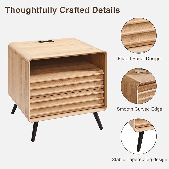 RedLemon 24" Nightstand Set of 2 with Charger Station, Mid Century Modern Fluted End Table with 2 Drawers, Wooden Side Table with Open Cubby Storage for Living Room, Bedroom, Office(Natural Oak)