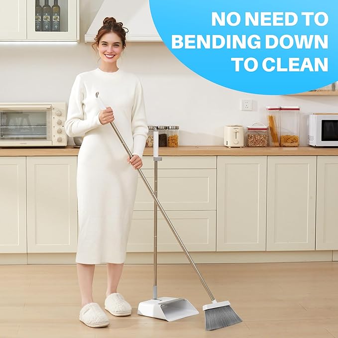 JOYMOOP White Broom and Dustpan Set, Upright Angle Design with Built-in Comb Teeth for Kitchen, Office, Pet Hair, Hard Floors