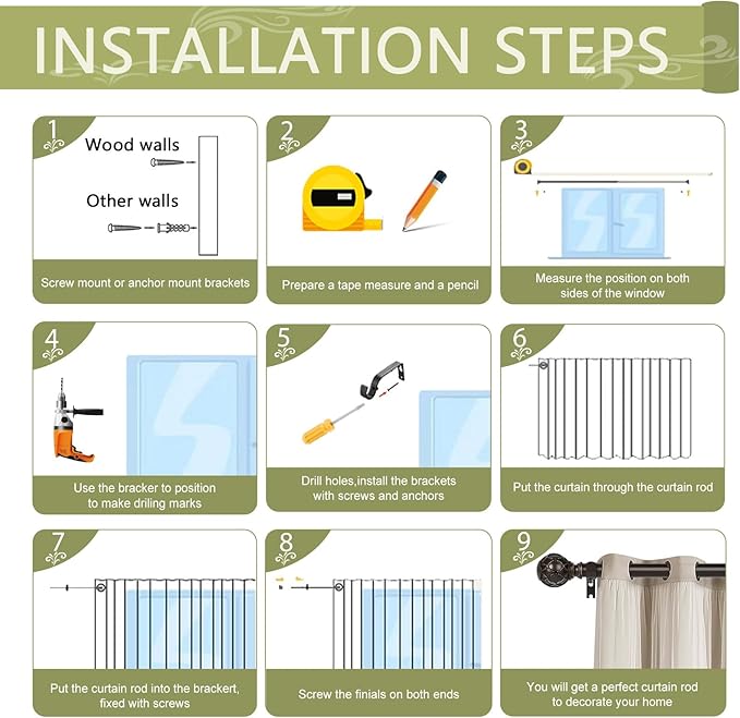 Bronze Farmhouse Curtain Rods for Windows:72-144" Heavy Duty Adjustable Long Curtain Rod for Bedroom Living Room,Boho Decorative Rustic Drapery Rods with Vintage Coastal Finials,Antique Bronze