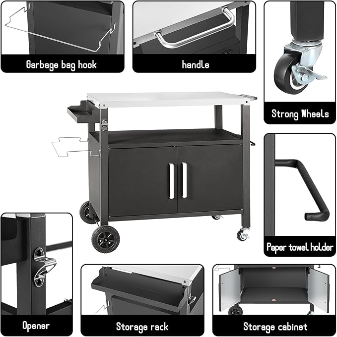 Dining Cart Table with Big Storage Cabinet, Movable Outdoor BBQ Grill Table Pizza Oven Stand, Kitchen Cart Island Multifunctional Food Prep for Inside and Outside