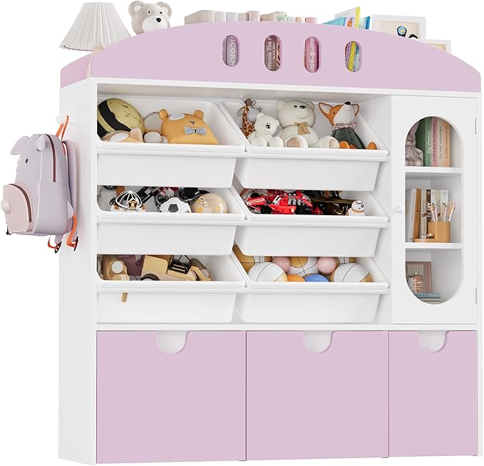 FOTOSOK Toy Organizers and Storage with Door, Playroom Organization, Bookshelf and Bookcase with 3 Drawers and 6 Mobile Bins, Toy Storage Organizer for Living Room