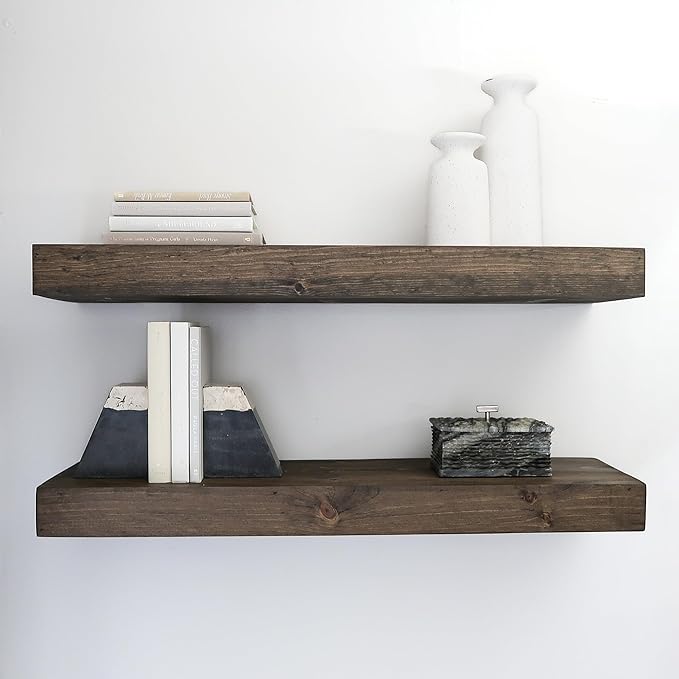 Modern Floating Shelves 3 Inches Thick for Wall, Wide Shelves for Kitchen, Living Room, Bedroom, and Bathroom, Natural Pine Wood, Rustic Wooden Shelf, (Set of 2) (Jacobean, 48Lx3Hx8D)