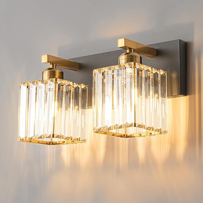 Modern Bathroom Vanity Light 2-Lights Black Gold Crystal Bathroom Wall Light Vanity Light Fixtures，12.59-inch Modern Minimalist Design