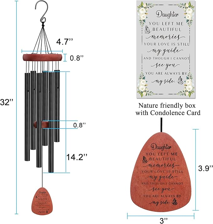 Memgift Memorial Wind Chime for Loss of Loved One - Sympathy Gift for Daughter - Outdoor Remembrance Wind Chime for Garden, Patio, Yard 32 Inch