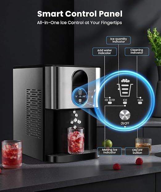 Nugget Ice Makers Countertop, Pellet Ice Maker Machine Dispenser with Water Reservoir with 44lbs/24H, Self-Cleaning, Soft Chewable Ice Maker Machine for Home/Kitchen/Office, Silver Stainless