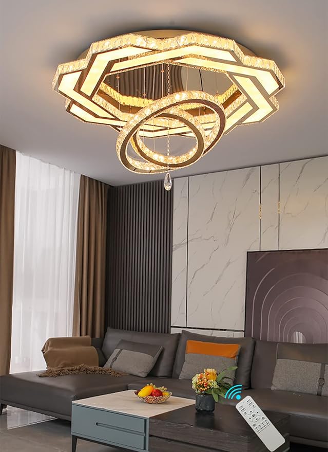 Flashing God Crystal Chandeliers Dia 32" Silver Elegant Chandelier Flush Mount Ceiling Light for Bedroom Living Room Dining Room Hallway Dimmable 3 Rings LED Celing Lighting Fixtures