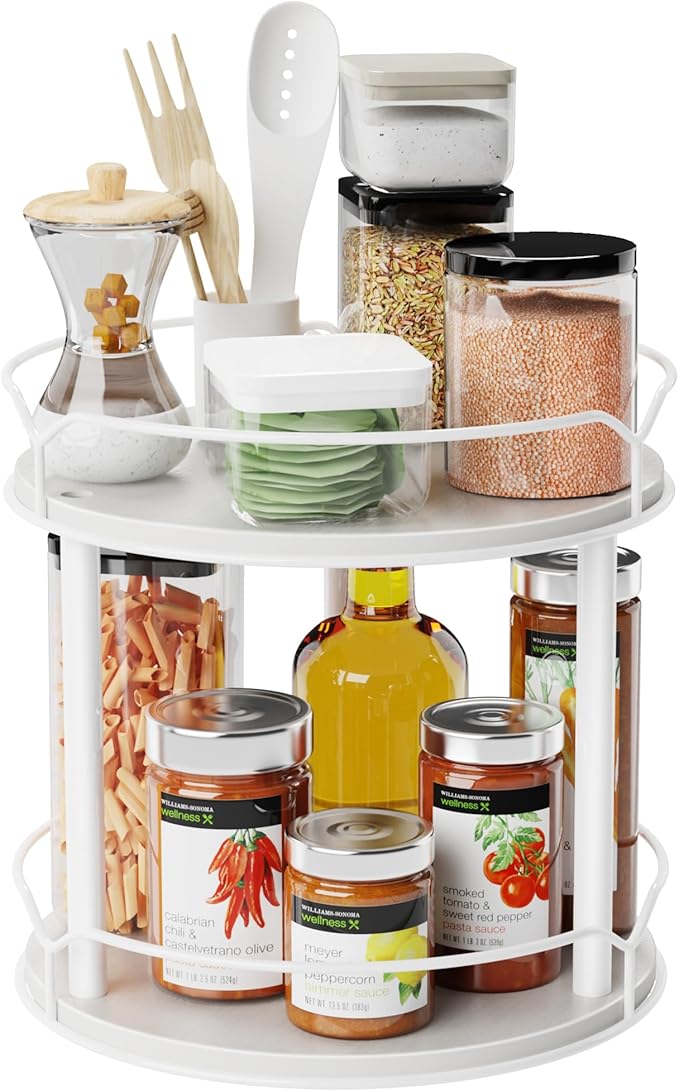 Lazy Susan Organizer 2 Tier - 9.2" Turntable Spice Rack for Table Top, Wooden Rotating Lazy Susan for Cabinet Pantry Kitchen Countertop Dining Table Cupboard Bathroom Vanity Storage(White)