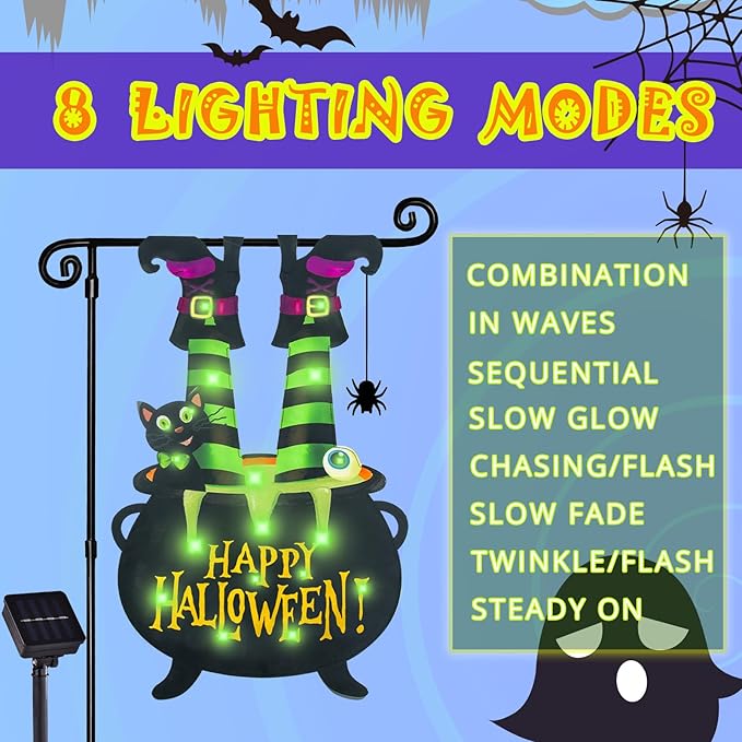 Halloween Lighted Garden Flag for Outside, Witch Feet Shape Flag Yard Decor, 8 Modes 12x18 Double Sided Cauldron Eyeball Black Cat Outdoor Hlloween Decorations for Home Porch