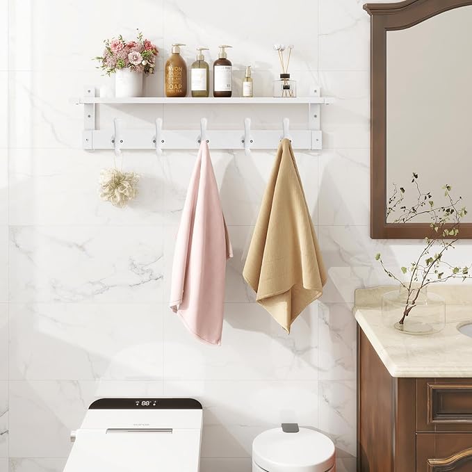 Homode Coat Rack With Wall Shelf, 29" Wooden Entryway Floating Shelf With Hooks Underneath, Hanging Coat Hanger for Bathroom, Living Room, Bedroom, Hallway, White