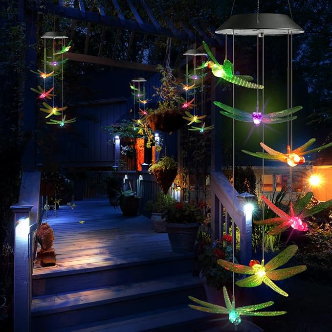 Toodour Solar Wind Chimes Outdoor, Color Changing Solar Lights Dragonfly, Gifts for Mom Grandma, Waterproof Decorative Mobile Light, Gardening Gift for Garden,Patio, Window, Yard, Outdoor Decor
