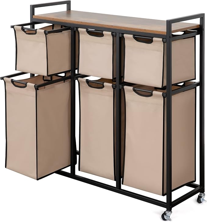 Laundry Basket Organizer, Hampers for Laundry 6 Compartments, Laundry Hamper with 6 Sliding Laundry Sorter Bags, Top Storage Shelf, and Metal Frame (6 Compartments)