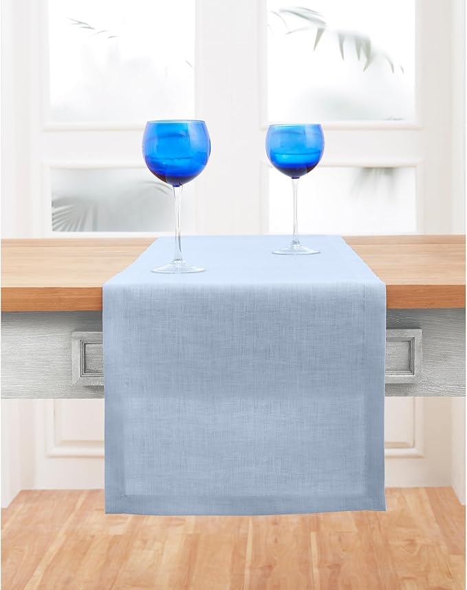 Solino Home Linen Sky Blue Table Runner 48 Inches - 100% Pure Linen Short Table Runner 14 x 48 Inch Ideal for Dresser and Coffee Tables - Fete