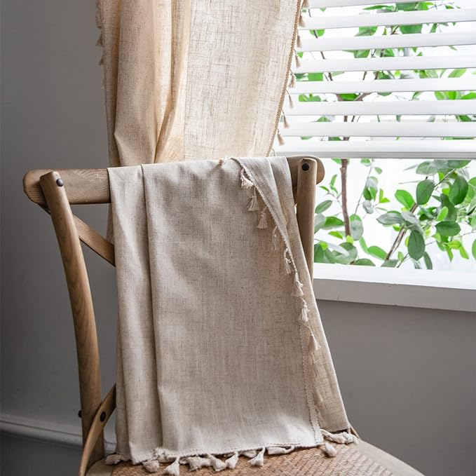 Sutuo Home Boho Curtain 72 Inches Long for Bedroom, Natural Linen Look Textured Burlap Rod Pocket Chic Semi Blackout Bohemian Handmade Tassels Window Treatment for Living Room, 1 Panel 59" W x 72" L
