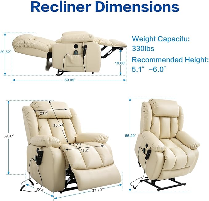 MAEVIS Power Recliner Chair, Lay Flat Sleeping Lift Chairs Recliner for Elderly with Heat and Massage,Comfy Real Breathable Leather Recliners with Dual OKIN Motor for Living Room (Beige)