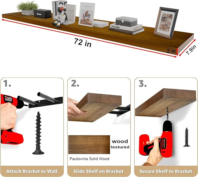 IAE Walnut Floating Wall Shelves 72 inch, Bathroom Shelves Wall Mounted,Invisible Shelves Floating Kitchen Shelves,Wooden Wall Shelves with Brackets for Living Room Wall Mounted,Easy Install,Set of 2