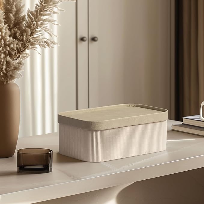 La Jolie Maison Fluted Cardboard Storage Baskets with Leather-Like Lids, Sturdy Stackable Paper Boxes Decorative Tray,Set of 3 Ivory