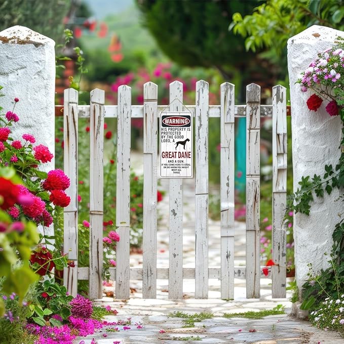 Warning Sign, This Property Is Protected By The Goodlord, A Great Dane And A Gun Warning Wood Plaque Sign, Funny Door Signs, Decorative Wood Hanging Suspension Plaque, Farmhouse Wooden Wall Decor