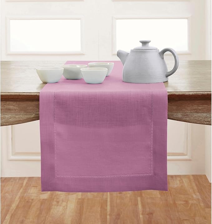 Solino Home Linen Table Runner 108 Inches Long - Classic Hemstitch 100% Pure Linen Violet Dining Table Runner 14 x 108 Inch for Halloween